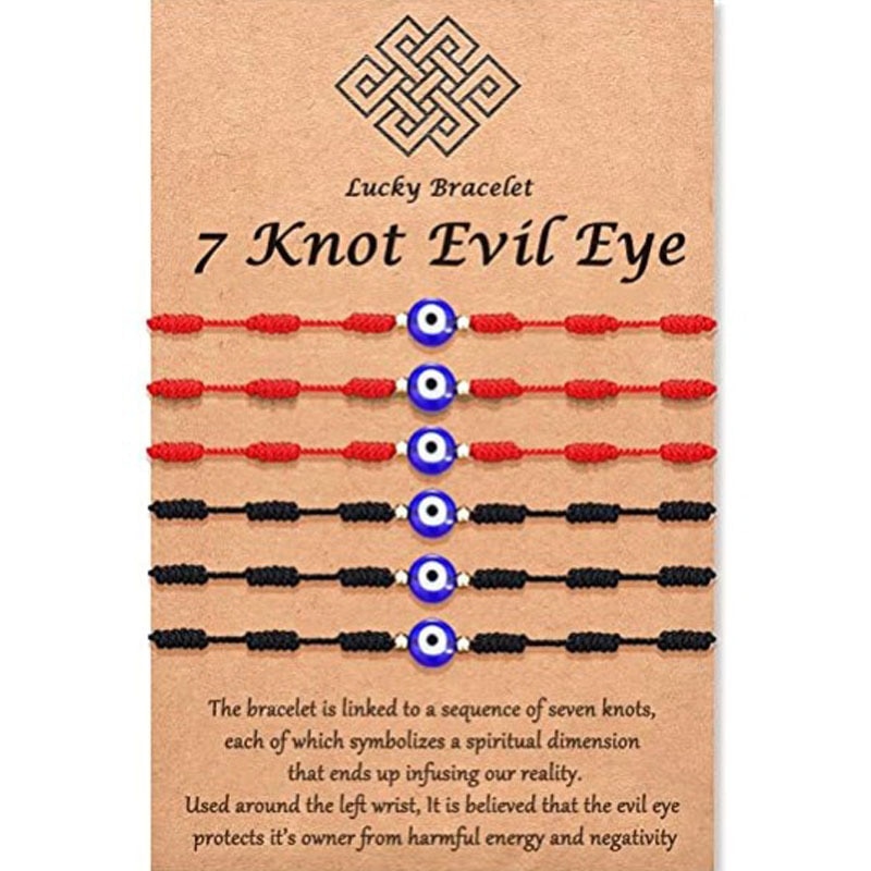 Pulseras de cuerda de 7 nudos hechas a mano, pulseras de cuerda roja con abalorios de mal de ojo, pulsera de Amistad tejida ajustable apilable