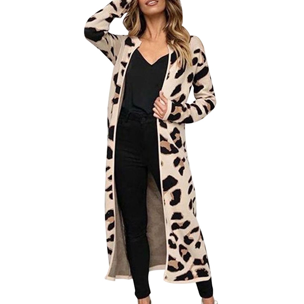 Cárdigan de manga larga con estampado de leopardo para mujer, Chaqueta abierta por delante, abrigo fino, ropa de otoño