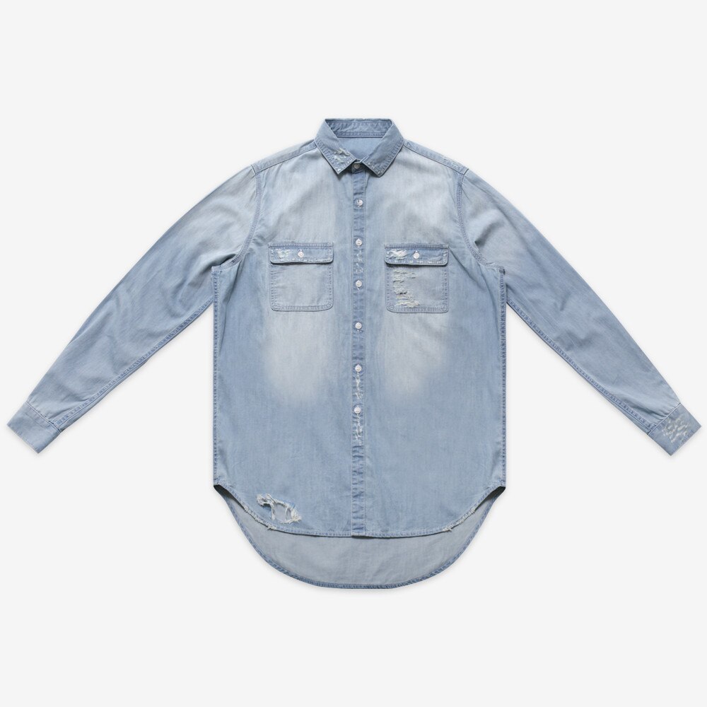 Mens Hip Hop Blue Cowboy shirts For Male Long Sleeve Streetwear Tops Men shirts Clothes Distressed Denim Man Shirts