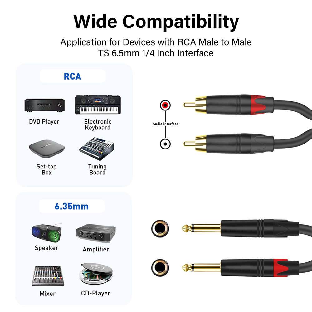 6.35mm To RCA Cable For Speaker Guitar Mixers Hifi Stereo Audio Connector 1/2/3/5/10 Meters Long TS 6.5mm Phono Jack 4N OFC Wire