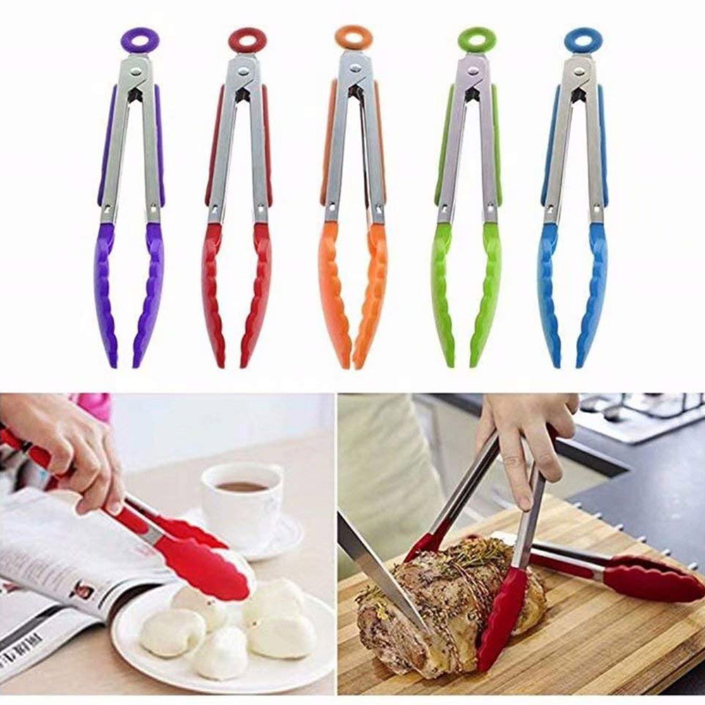 1PC Silicone Cooking Food Serving BBQ Stainless Tongs Steel Handle Utensil Clamp BBQ Salad Tools Kitchen Accessories