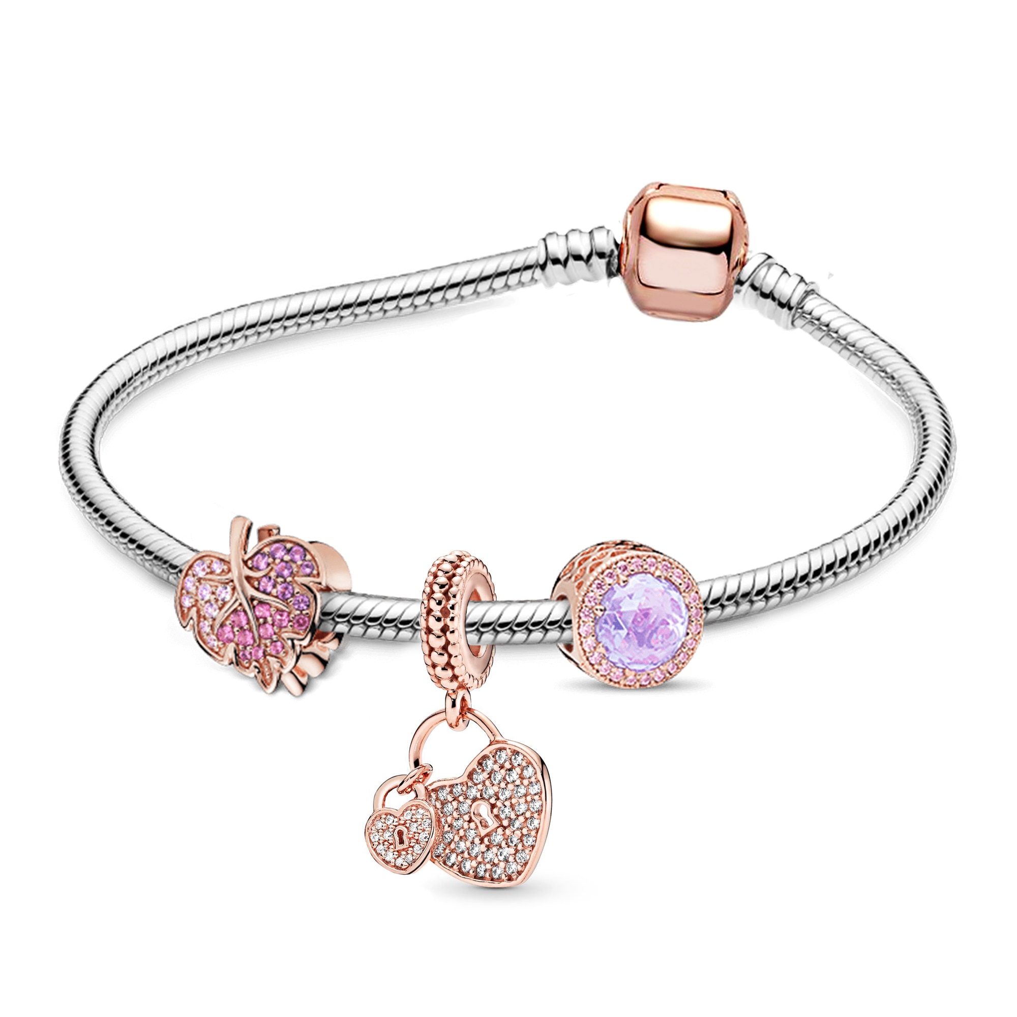 SEIALOY Rose Gold Leaves Charm Bracelets For Women Original Heart Crystal Pendant Beaded DIY girls Boy Kids Bracelet & Bangle: Hot Stamping / 16cm