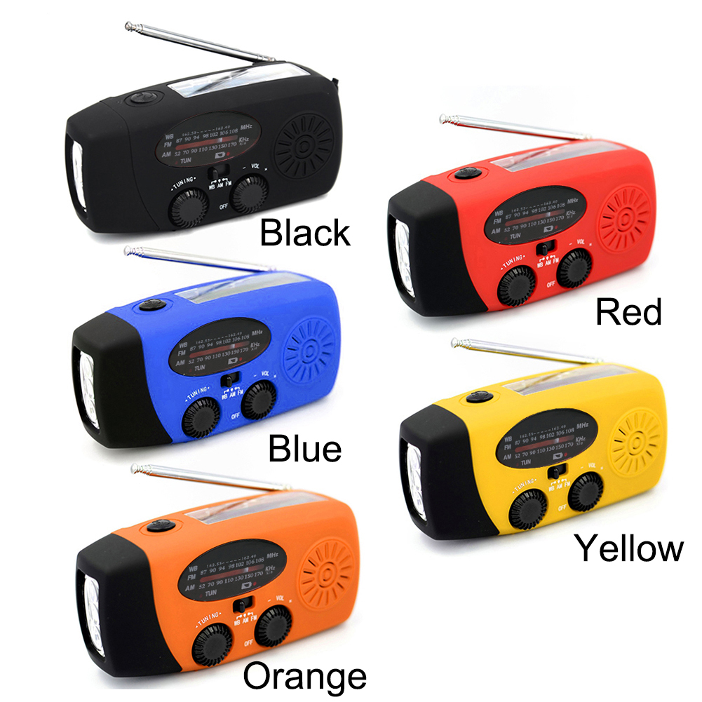 Radio portátil de mano alimentada por dinamo Solar, carga USB, FM, AM, WB, NOAA, multifuncional, meteorológica, con linterna LED, Banco de energía