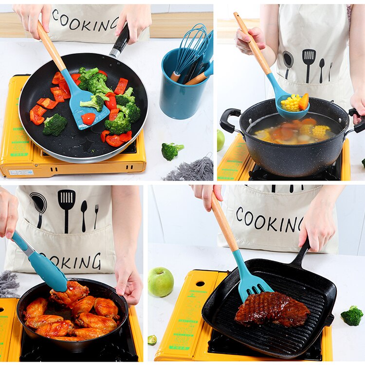 Kitchen Heat Resistant Cookware Silicone Non-stick Kitchenware Egg Beater BBQ Brush Food Tongs Soup Spoon Kitchen Utensils Set