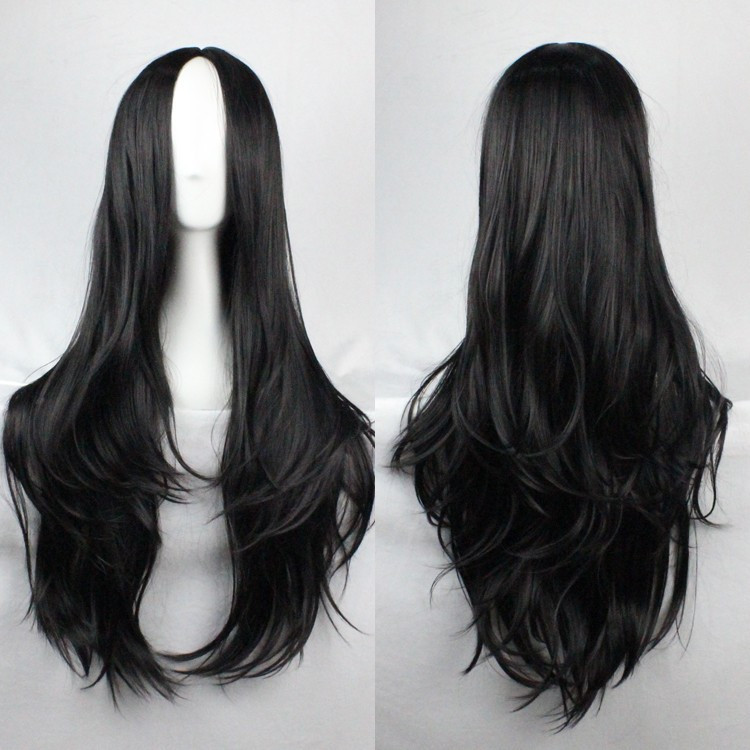 Middle Part Line Wigs Fei-Show Synthetic Heat Resistant Fiber Long Wavy Black Hair Peruca Women Female Salon Party Hairpiece
