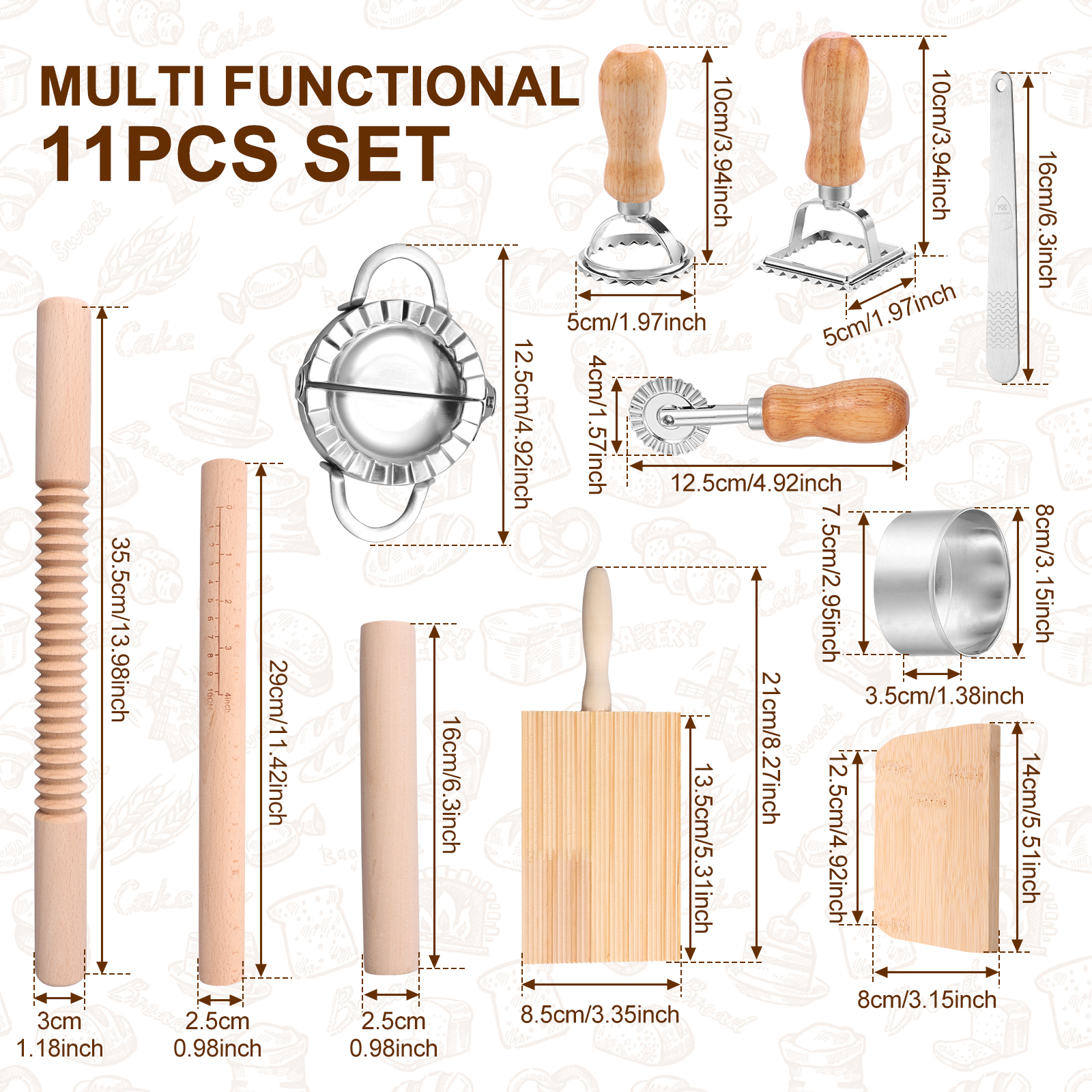 Kit de herramientas para hacer Pasta, juego eficiente para hacer Pasta con rodillo roscado de madera, tabla para Gnocchi, cortador de masa, máquina para hacer dumplings, 11 Uds.