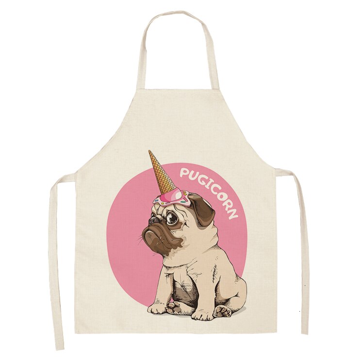 Nette Hund Mops Gedruckt Baumwolle Leinen Ärmel Schürze Küche Schürzen Frauen Hause Kochen Backen Taille Lätzchen Schürze 53*65cm WQL0152: WQL0152-16