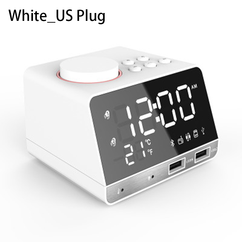 Bluetooth 4.2 Radio Alarm Clock Temperature Speaker With 2 USB Ports LED Digital Alarm Clock Snooze Table Clock Home Decor: White US Plug