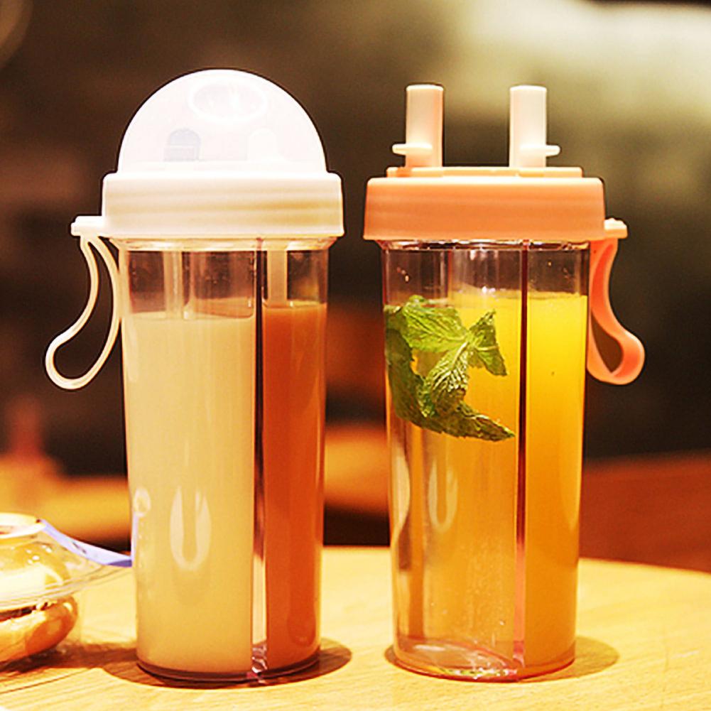 420/600ml Portable Dual Straw Separate Drink Water Beverage Bottle Couples