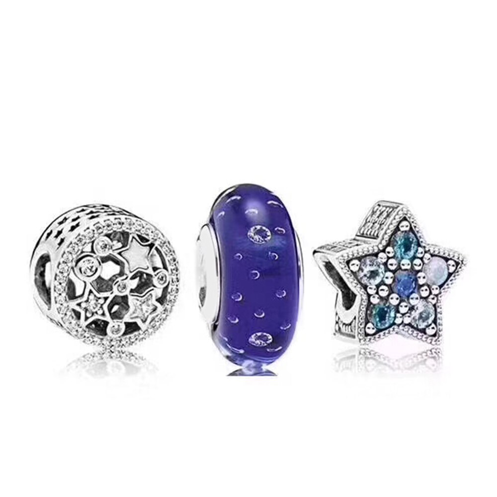 100% 925 Sterling Silver Stars Winter Snowflake Charm Beaded Bubbles Glass Bead Set Noble Eternal Charming Luxury: Default Title