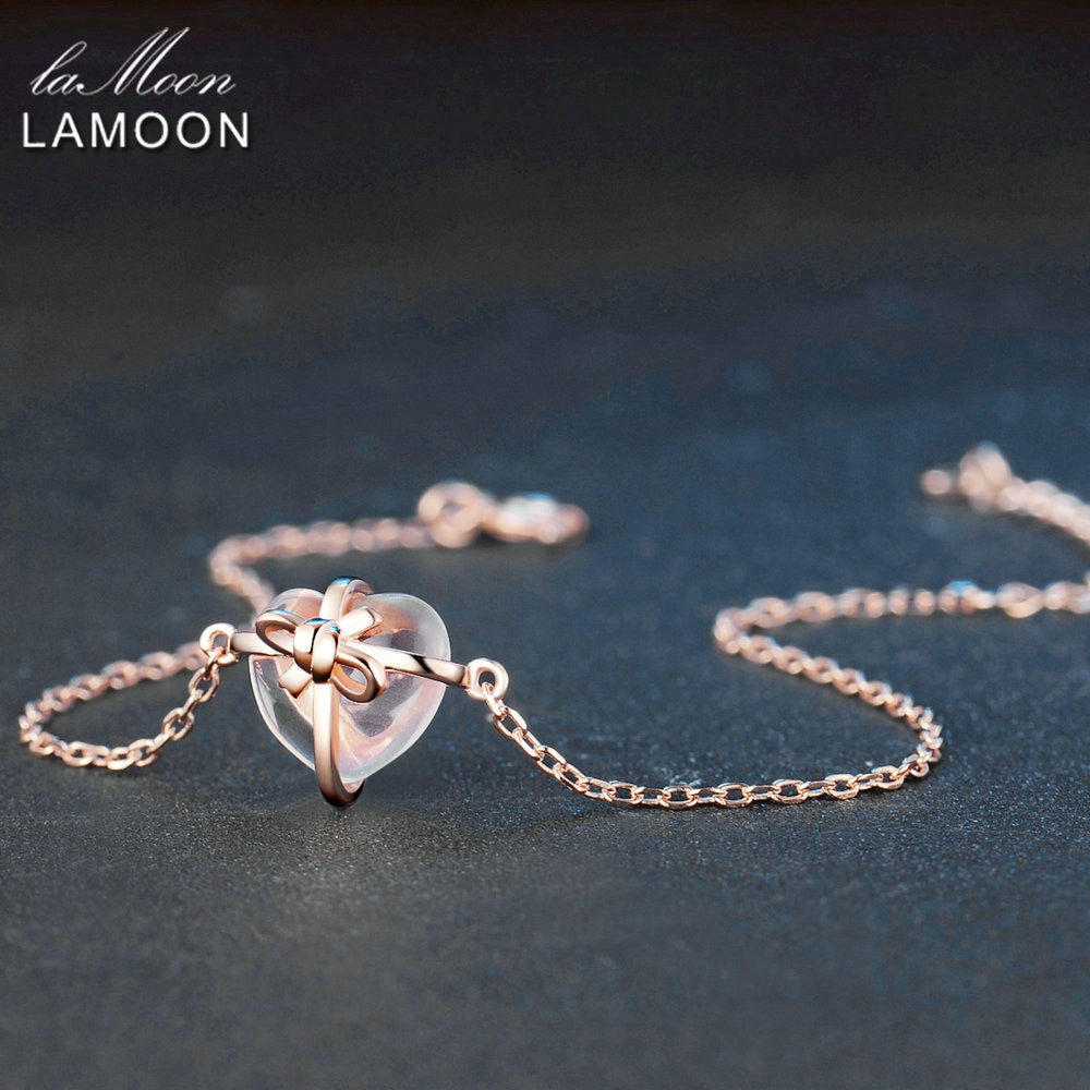 LAMOON 925 Sterling silber Bracele Für Frauen Herz Armbinde Rose Quarz Edelstein 18K Rose Gold Überzogen Feine Schmuck LMHI047