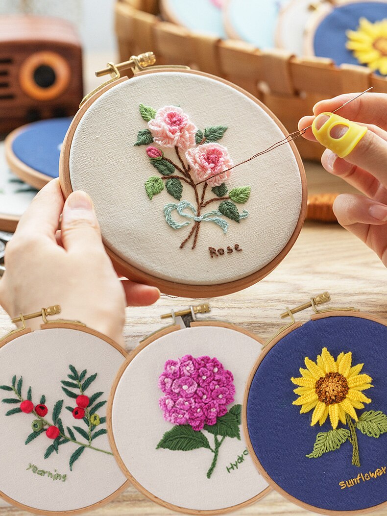 Beginner Embroidery Kit Flowers Pattern Diy Embroidery Full Kits Embroidered On Clothes Cross Stitch Sewing Embroideri With Hoop