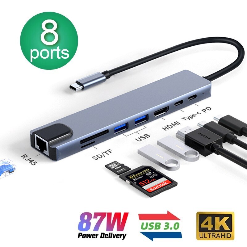 8 -i- 1 usb-c-hub, type-c-splitter, 4k thunderbolt 3- dokkingstasjon, bærbar pc-adapter for macbook air  m1, ipad pro  rj45 , hdmi-datamaskin