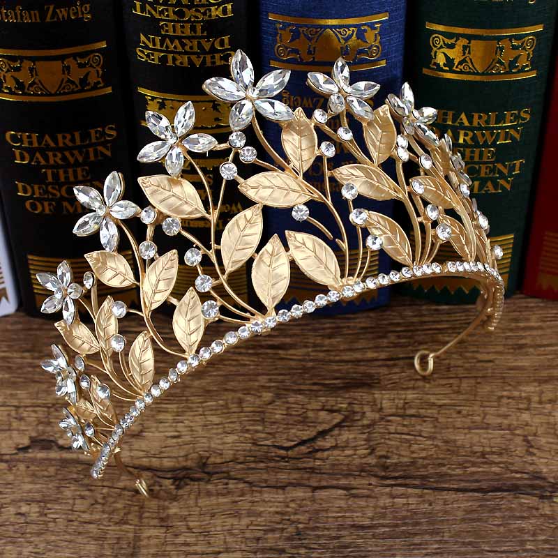 Barock Luxus Kristall Frauen Crown Vinatge Königin Tiara Braut Diadem Für Braut Gold Stirnband Prom Mädchen Hochzeit Haar Zubehör: gold leaf crown