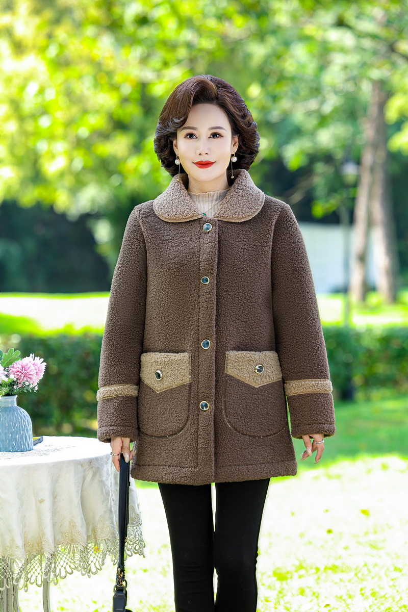 Chaqueta de Otoño Invierno para mujer, abrigo cálido de lana gruesa, abrigo de piel de cordero para mujer, vestido suelto medio largo para madre, chaqueta femenina: XL / Castaño