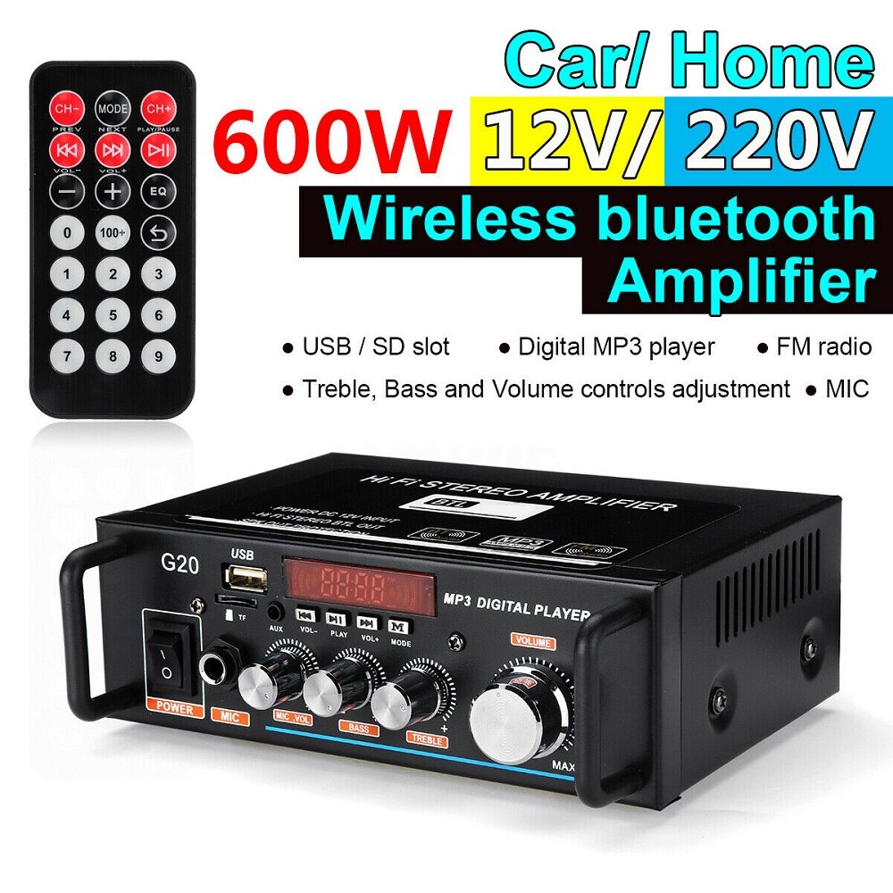 600W Bluetooth Amplifier 110V-220V 2CH HIFI Audio Stereo Power AMP USB FM Radio Car Home Theater with Remote Control