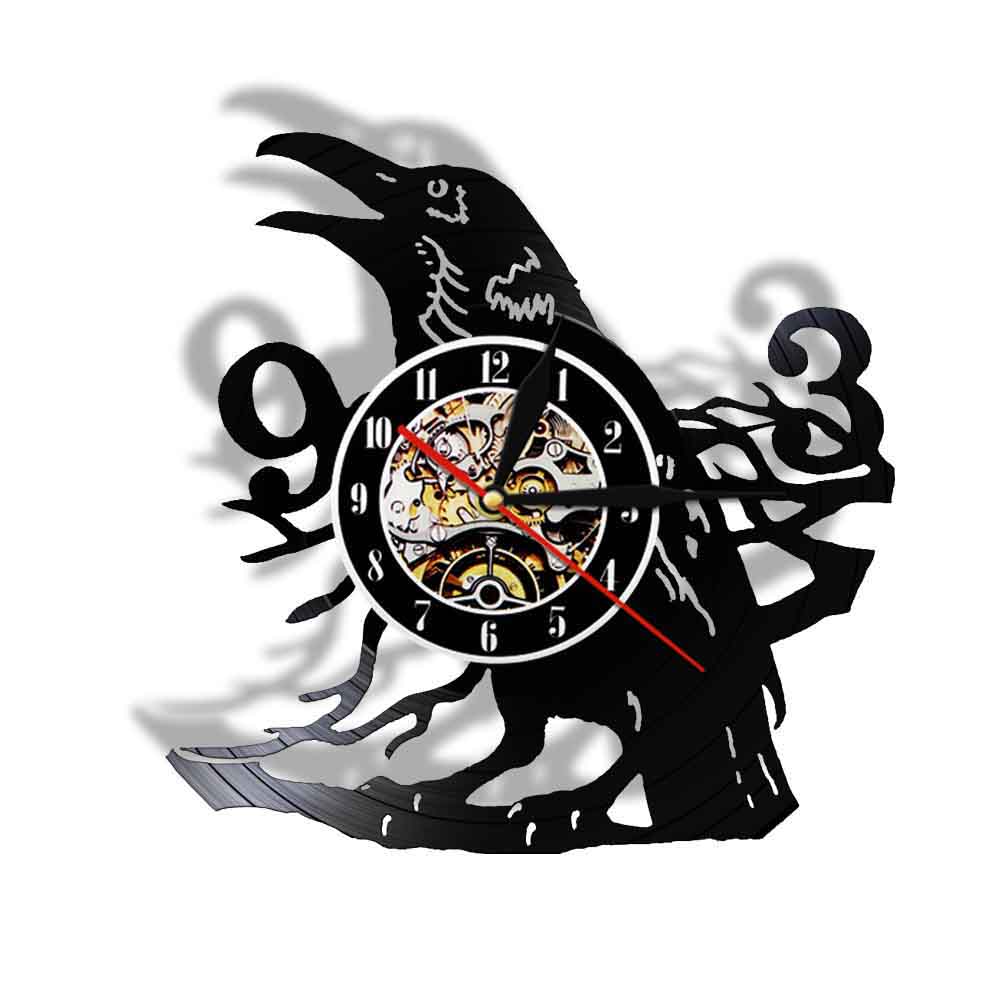 Sooty Raven Wall Clock Howling Art Decorative Modern 3D Quartz Watch Vinyl Music Record Timepiece LED Lighting Night Lamp: Without LED