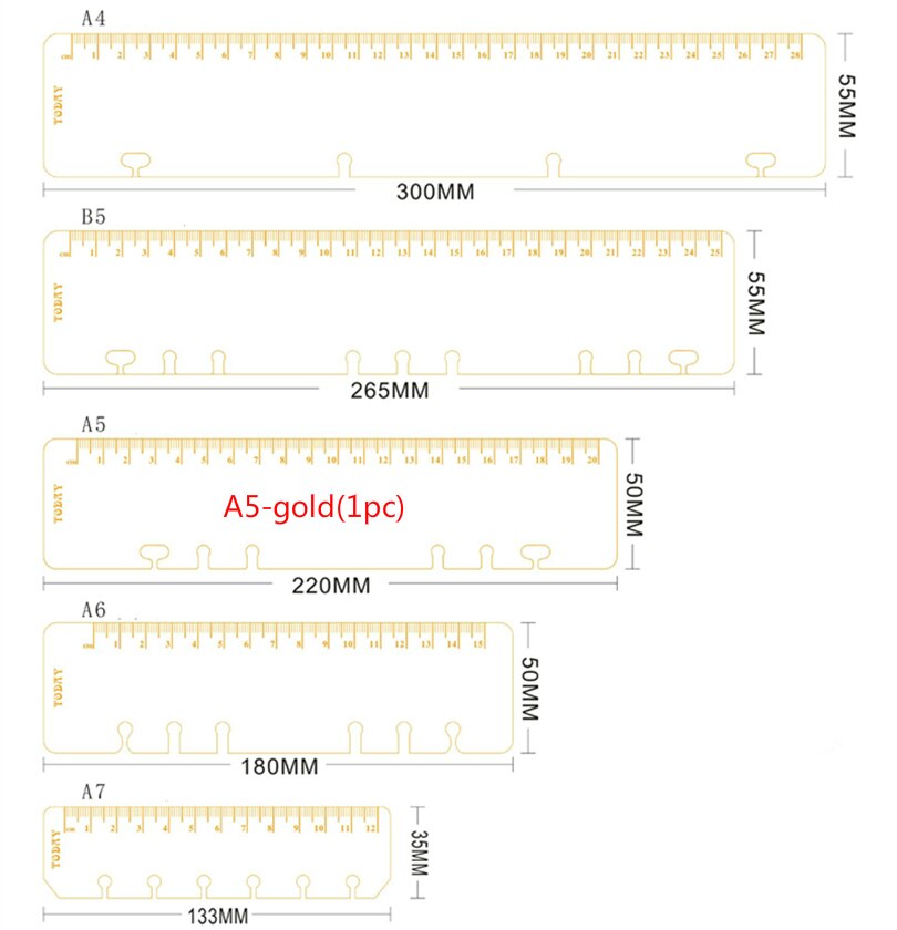 Regla de marcapáginas de hoja suelta, regla de bronce, regla recta A5/A6/A7/B5/A4, accesorios manuales, regla de escala de 2 colores: A5-gold(1pc)