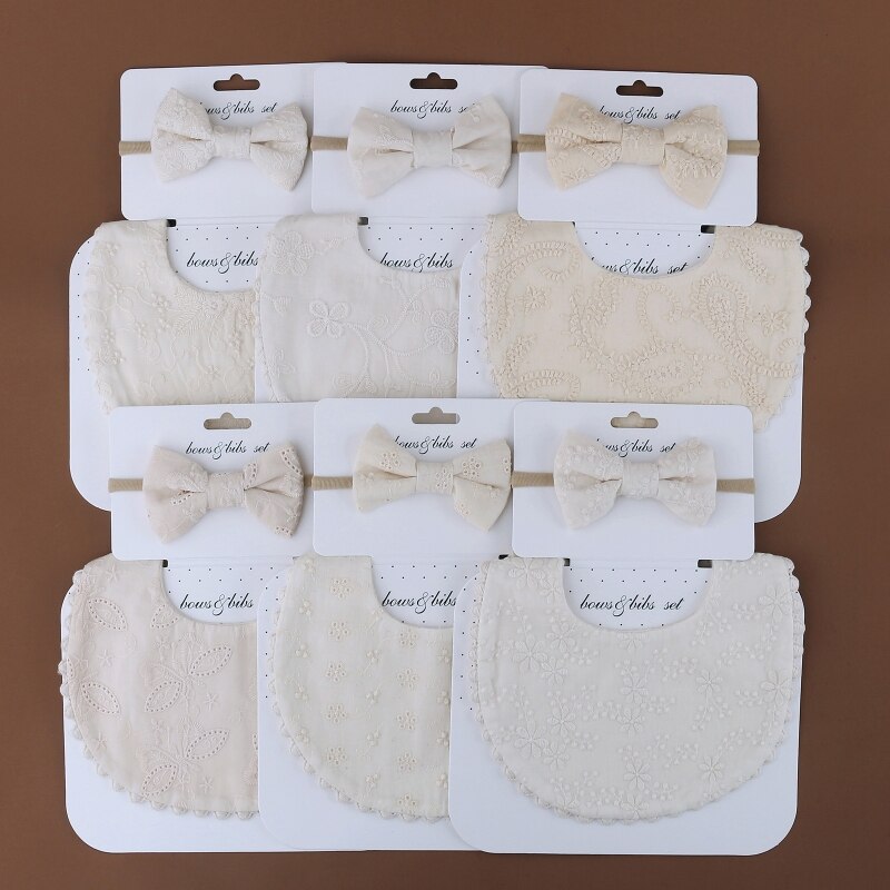 Baby Bib Sjaal Borduren Afdrukken Voeden Kiel Strik Haarband Set Speeksel Handdoek Bandana Elastische Bows Hoofdband