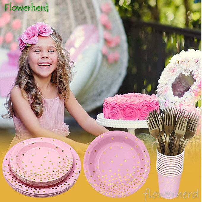 Pink Party Supplies Set Dinnerware Set Disposable Dots Paper Plates Napkins Cups Fork Knives Spoon Baby Shower Birthday Wedding