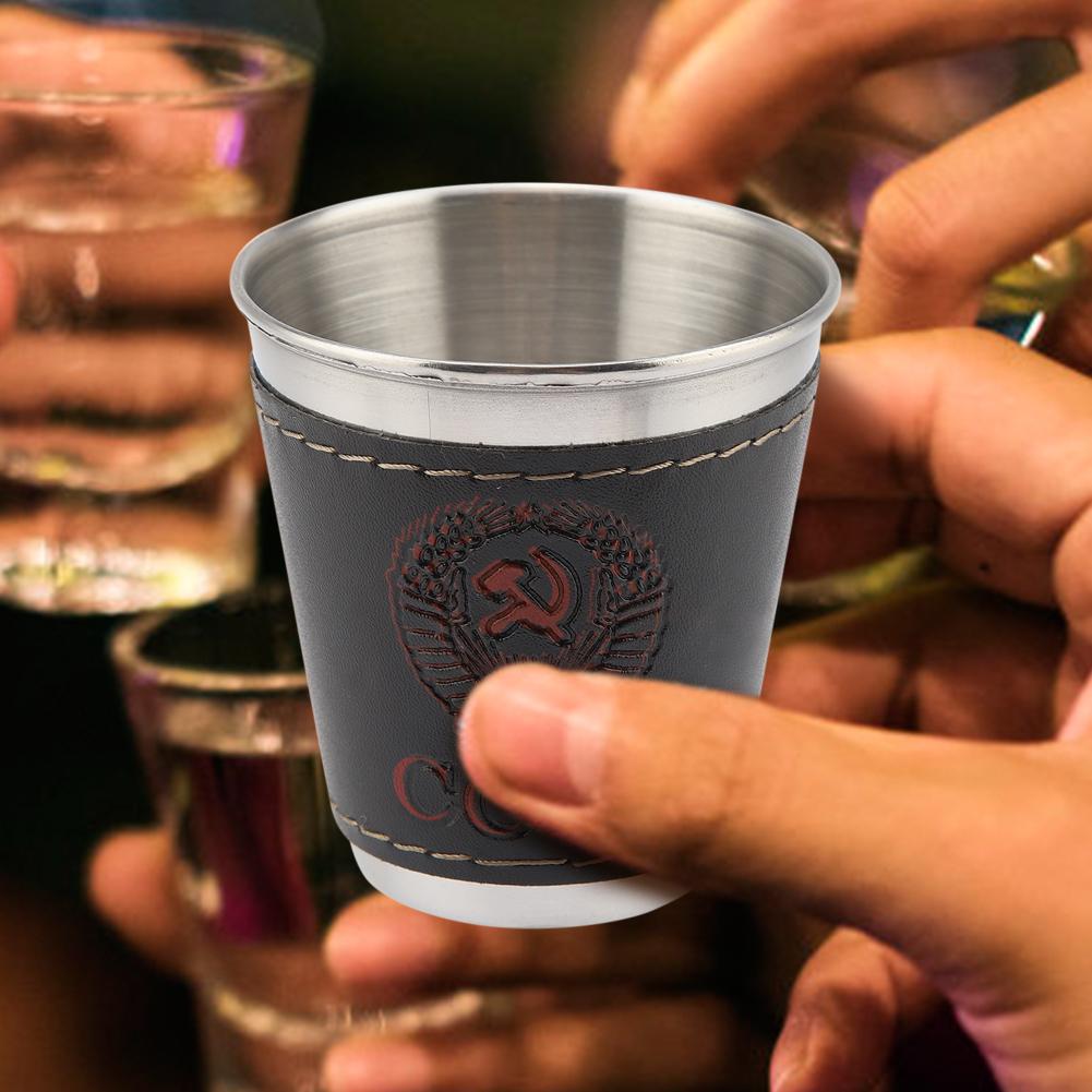 4Pcs Tea Cup Set Stainless Steel Coffee Cup Portable Wine Tea Cup with Leather Cover for Travel Picnic