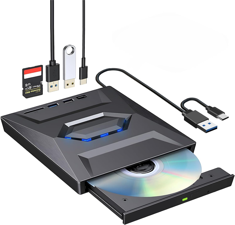 4-in-1 USB 3.0 Typ C Externes DVD-Laufwerk mit Typ-CUSB HUB SD-Kartenleser, CD DVD RW ROM Disk Player Brenner Lesegerät Schreibgerät