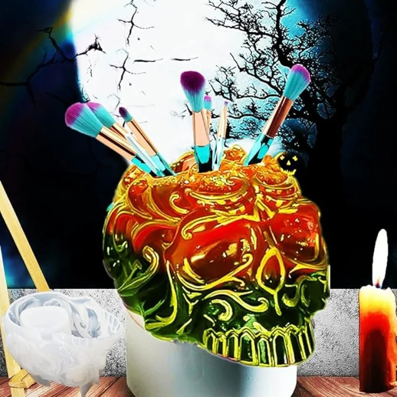 Boîte de rangement tête de mort en résine, grands moules à bougies tête de mort 3D pour élection, résine xy, porte-pinceau de maquillage tête de mort, moules en silicone pour résine Ca