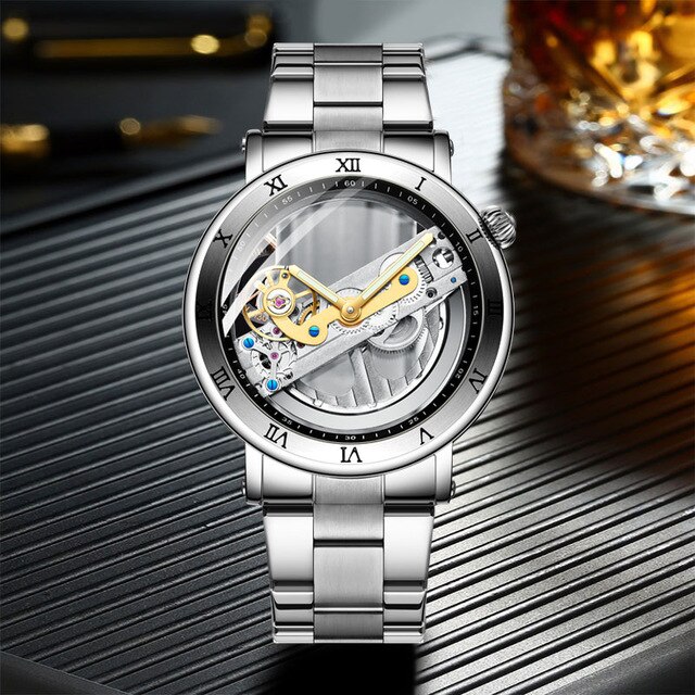 Luxe Forsining Mannen Horloge Dubbelzijdig Transparant Tourbillion Mechanische Staal Steampunk Creatieve Automatische Horloge: silver