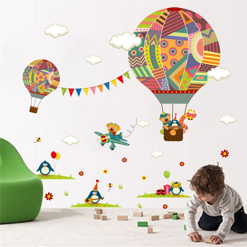 Kleurrijke Luchtballon Dier Kinderkamer muursticker Beer Giraffe kinderkamer cartoon klaslokaal Muurstickers Poster