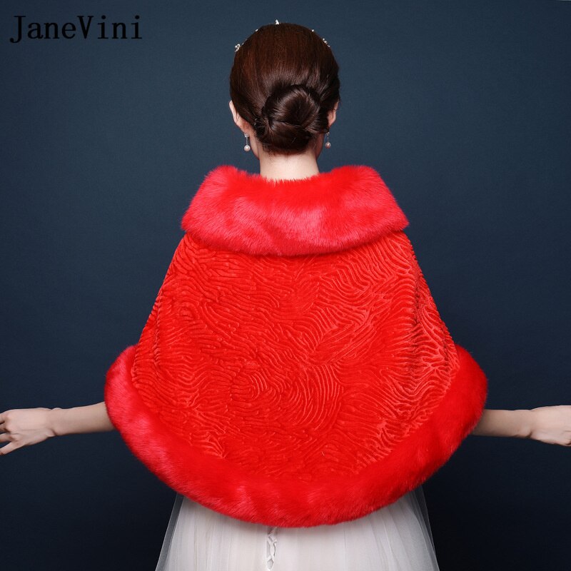JaneVini Winter White Fur Cape Shawl for Women Wedding Boleros Stole Red Faux Fur Formal Party Wrap Shrugs Jacket Chale Fourrure