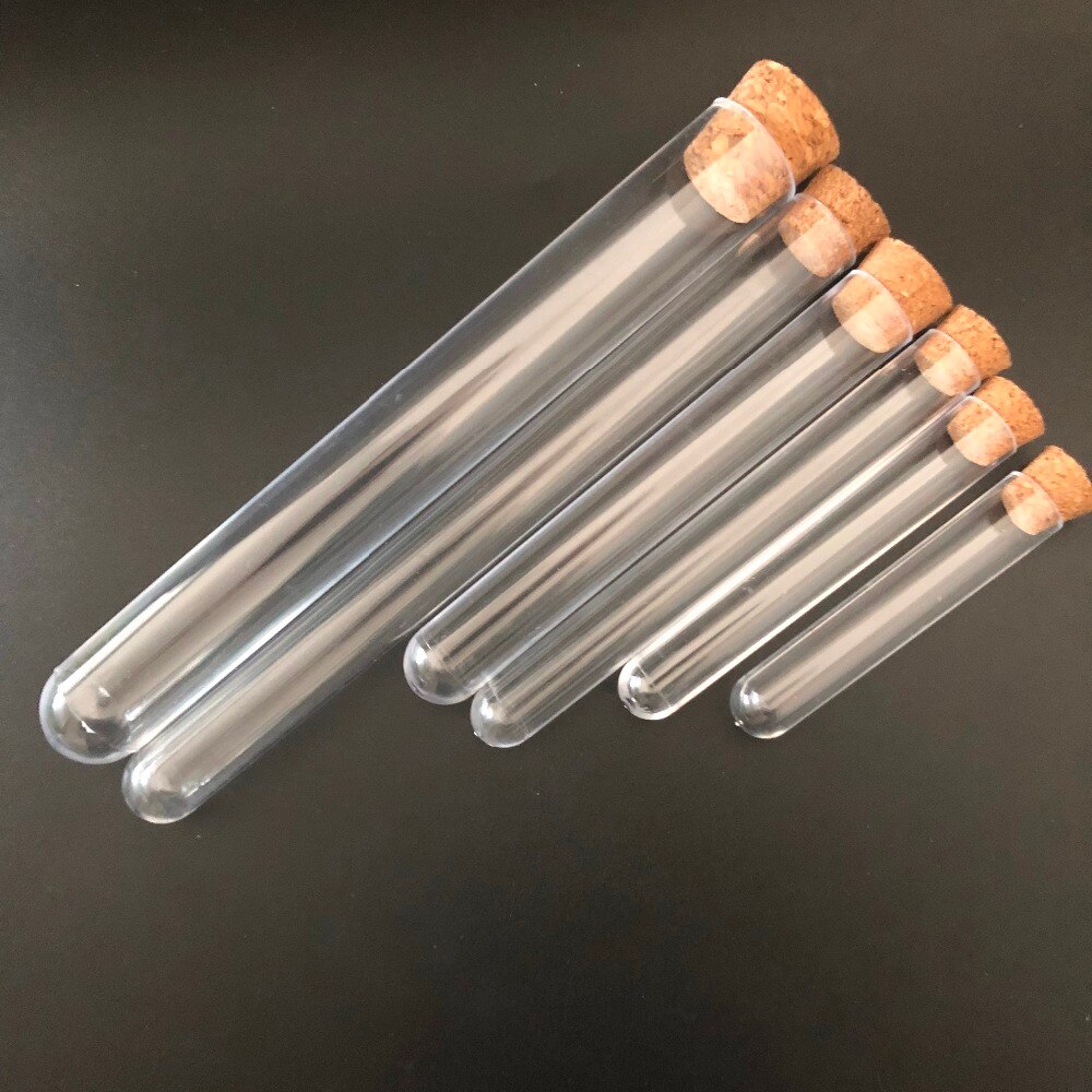 Tubos de plástico 20 piezas con tapón de corcho, tubo de ensayo de poliestireno de plástico duro, tubos de ensayo de alta transparencia