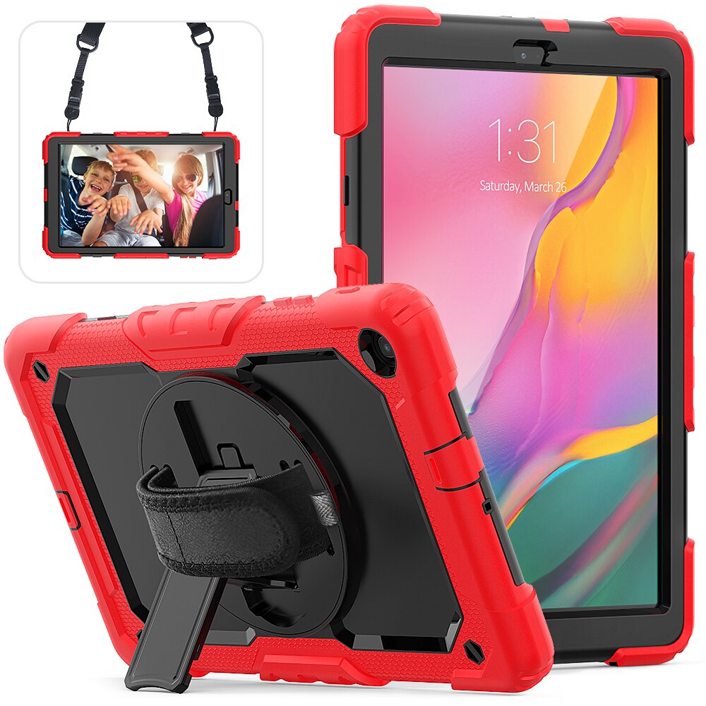 360- rotations handrem och stödfodral i silikon för tablets för samsung galaxy tab  a 10.1 fodral sm  t510 t515 skyddsfodral: Röd