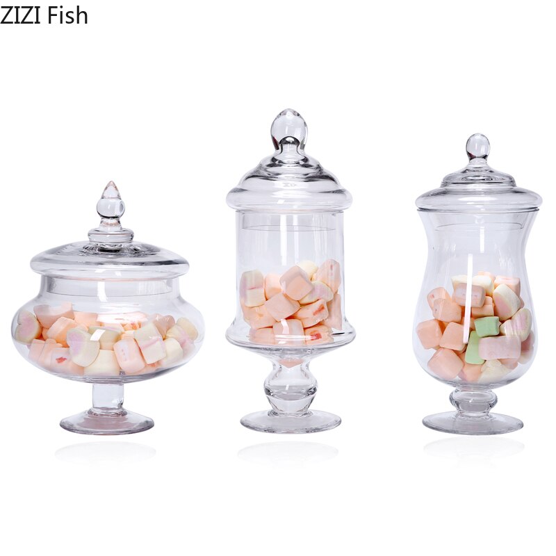 18cm European Style Transparent Glass Candy Jar with Glass Cover Wedding Dessert Display Stand Home Candy Storage Tank