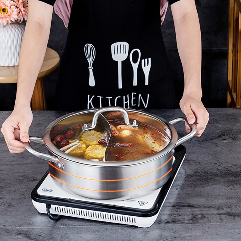 Home Kitchen Cookware Soup Cooking Pot Twin Divided Stainless Steel Pot Hotpot Induction Cooker Gas Stove Compatible Pot