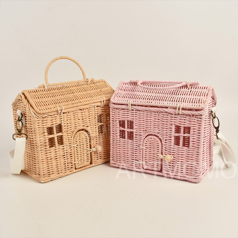 Creatieve Huis Vorm Rotan Vrouwen Handtassen Rieten Geweven Schouder Crossbody Tassen Grappige Zomer Strand Strozak Handgemaakte Reistas