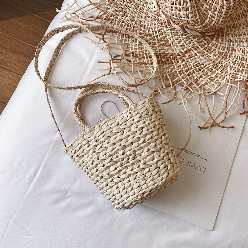 Halm tote bucket taske sommer høj vævning dame håndtaske dejlig skulder messenger bag strandtaske: Cremet-hvid