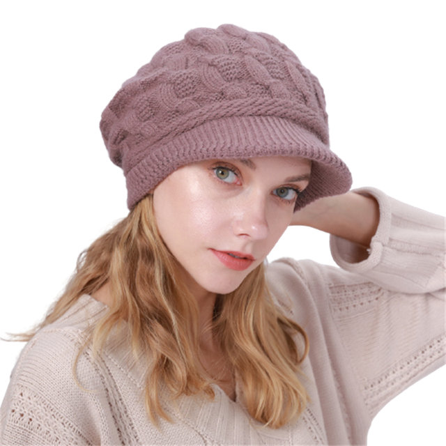 Gorros de felpa con visera de punto trenzado para mujer, boina informal a prueba de viento, Color liso, Otoño e Invierno: HSH25-Light purple