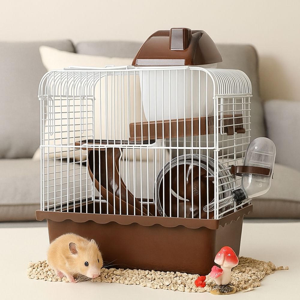 Ventilation Hamster Double-storey Villa Removable with Handle Pet Castle Cage Feeding Bottle with Running Wheel
