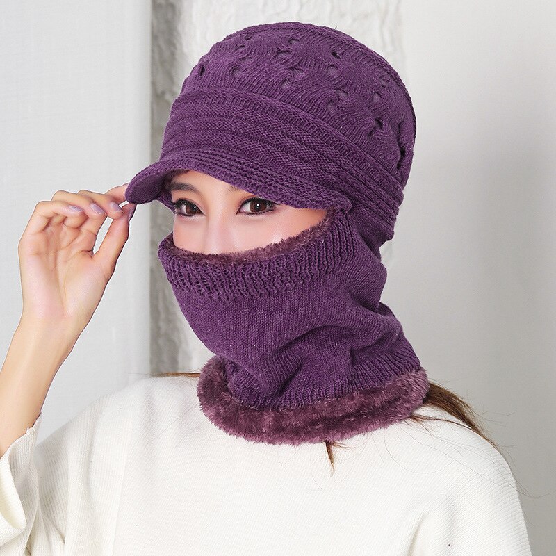 Wintermütze mit schal, gestrickt, für damen, ältere damen, warme sturmhaube, dicke oma-mütze mit krempe, muttermütze: Lila