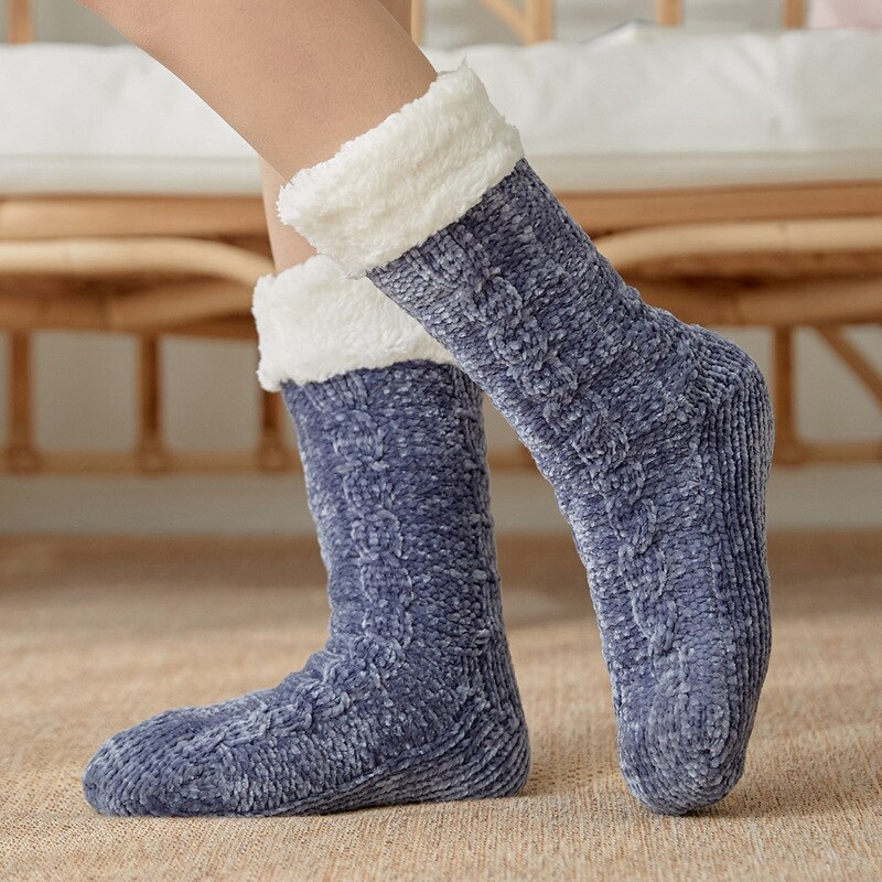 Dames Leuke Casual Dikke Warme Winter Antislip Vloer Sokken Vrouwen Gebreide Acryl Fleece Antislip Thermische Indoor Slaapkamer Crew sok: Style 2 dark blue
