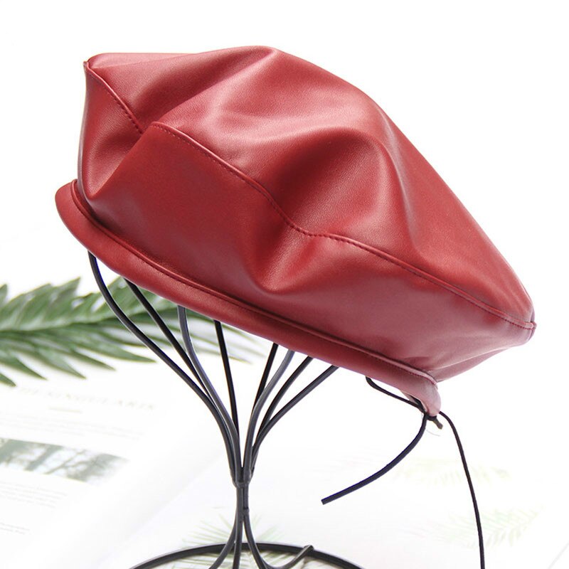 Women Autumn Ainter Pu Leather Solid Berets Hat Female Girls Outdoor Travel Leather Beret Vintage French Hat Baret