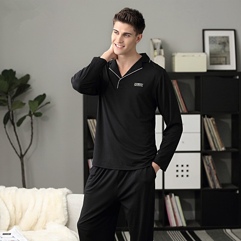 Super doux hommes modal nuit-costume couleur unie revers vêtements de nuit homme armée vert automne pyjama ensemble tout coton bleu confortable homecloth
