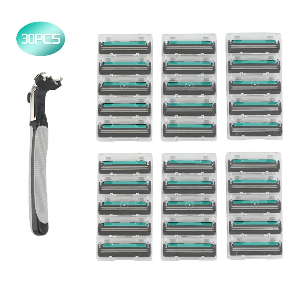 1 Handvat 30 Stuks Dubbele Lagen Mannen Gezicht Scheren Scheermessen Blades Mannelijke Handleiding Scheermesjes Voor Standaard Baard Scheerapparaat Trimmer blades: Sky Blue