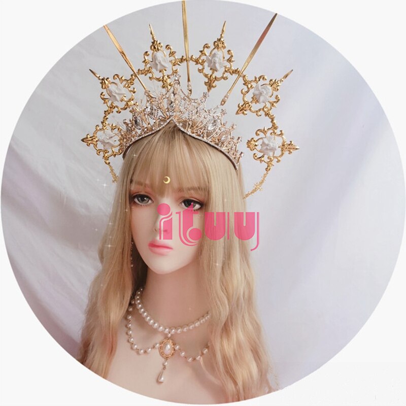 Lolita – bandeau KC Vintage, serre-tête de déesse, ange doré Halo, couronne de mariée vierge marie Halo, chaîne de perles, diadème Baroque