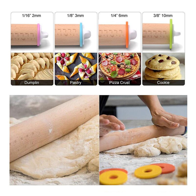 Rolling Pin Solid Beech Wood Adjustable Roller Pin with 4 Removable Thickness Rings for Baking Pizza Pie Pastries Cookies