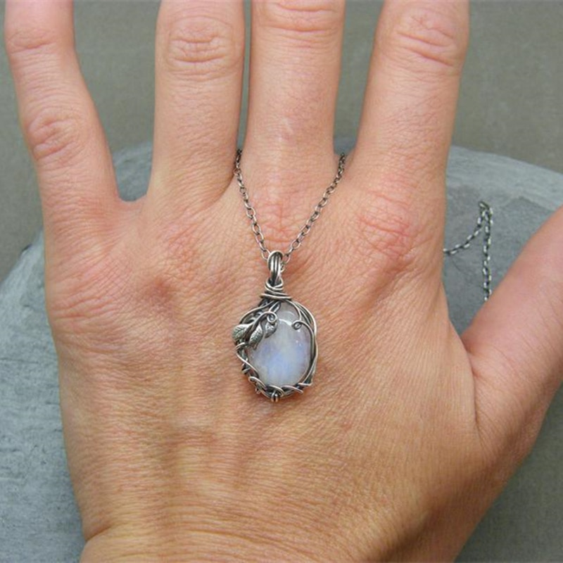 Pendant Necklace Silver Color Chain Moonstone Necklaces for Women Female Jewelry for Girl