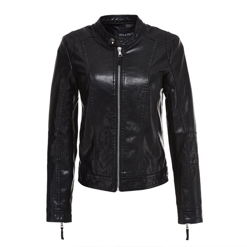 Fitaylor Women Faux Leather Jacket Biker Coat Spring Autumn Black Zippers Outwear O Neck Slim Motorcycle Pu Leather Jackets