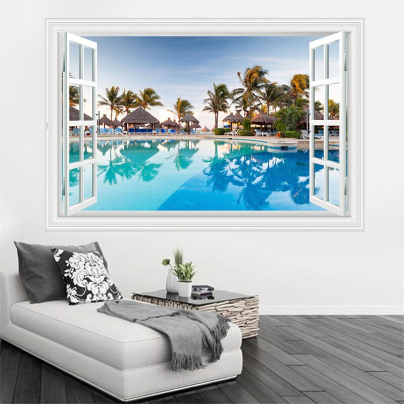 3D stickers Mediterranean blue false window scenery bedroom living room hotel decoration wall stickers