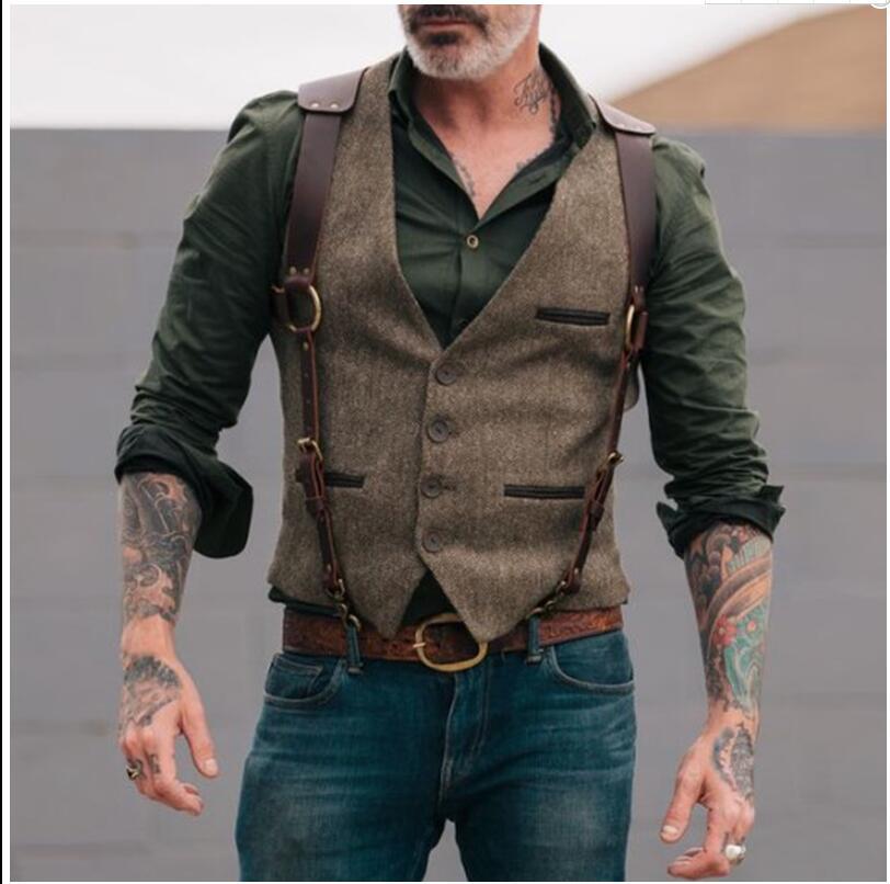 Men's Suit Vest Boutique Wool Tweed Slim Fit Leisure Cotton Male Gentleman Beckham Business Waistcoat For Wedding Groomsmen
