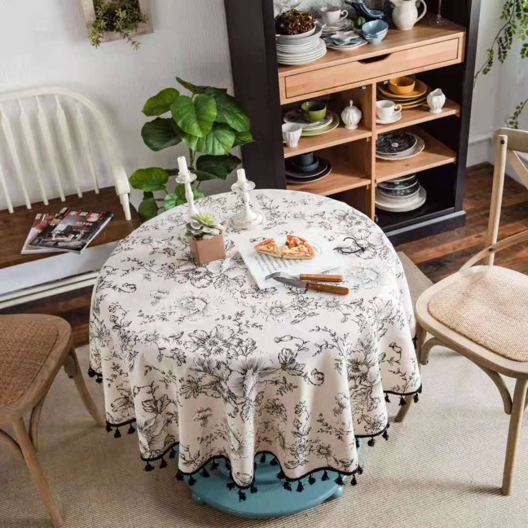 Round Tablecloth for Table Rose Print Cotton Linen Diameter 150 Round Table Cover Decorate Home Party Hotel Mantel Mesa